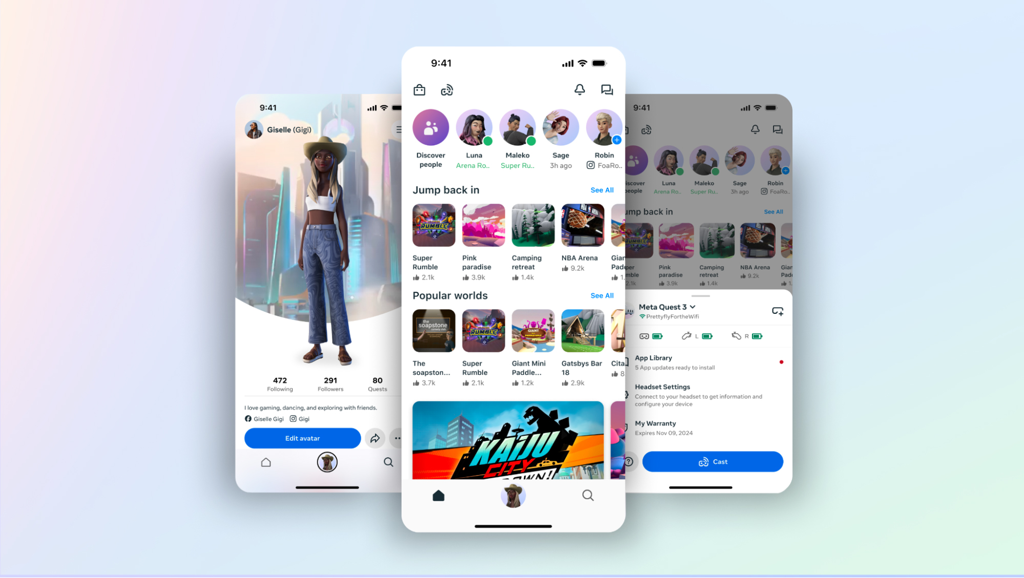Three Meta Horizon mobile screens showing a profile, a discovery feed, and headset management