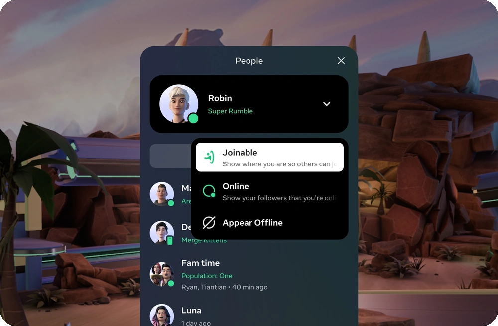 Quest People status selector: Joinable, Online, Appear Offline