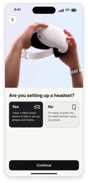 Are you setting up a headset? choice screen from Meta Horizon mobile onboarding