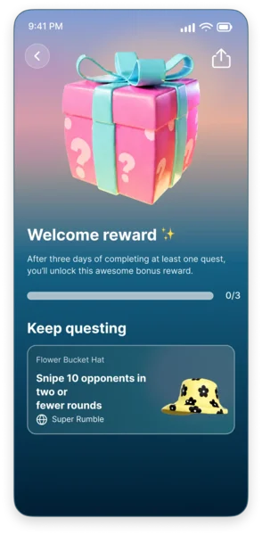 Welcome reward quest screen with progress bar and next quest card