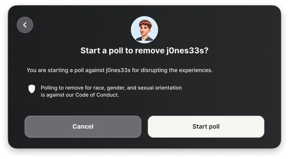 Confirmation dialog for starting a poll to remove a player, with a Code of Conduct warning