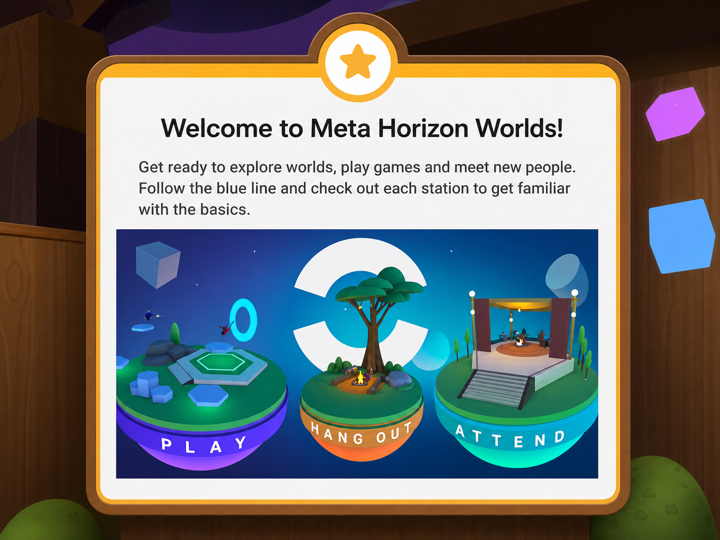 A welcome panel asks new Horizon Worlds users to follow a blue line and visit tutorial stations before exploring.