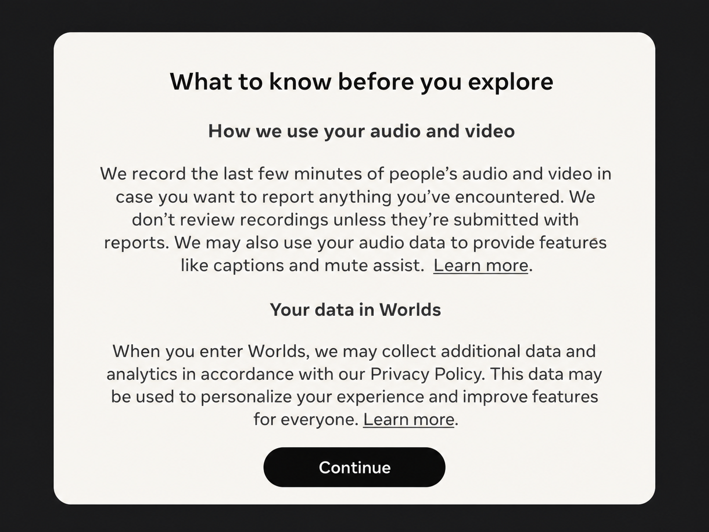 A dense modal titled What to know before you explore, with separate sections about audio and video recording and data use