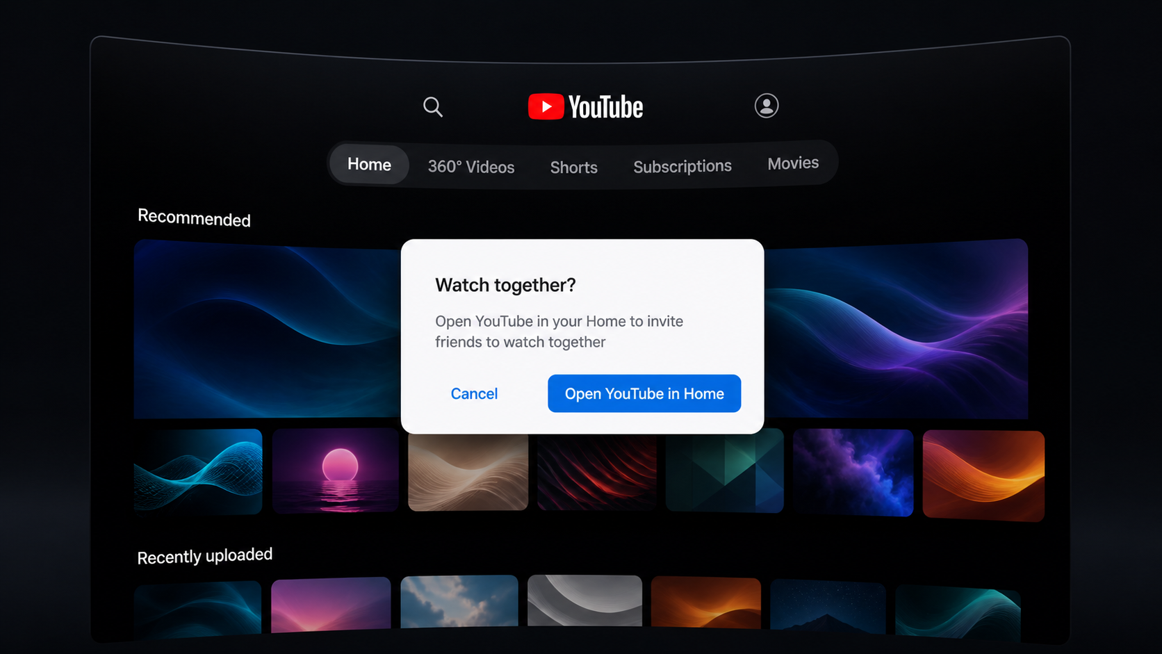 YouTube VR interface with a Watch together dialog offering to open YouTube in Horizon Home